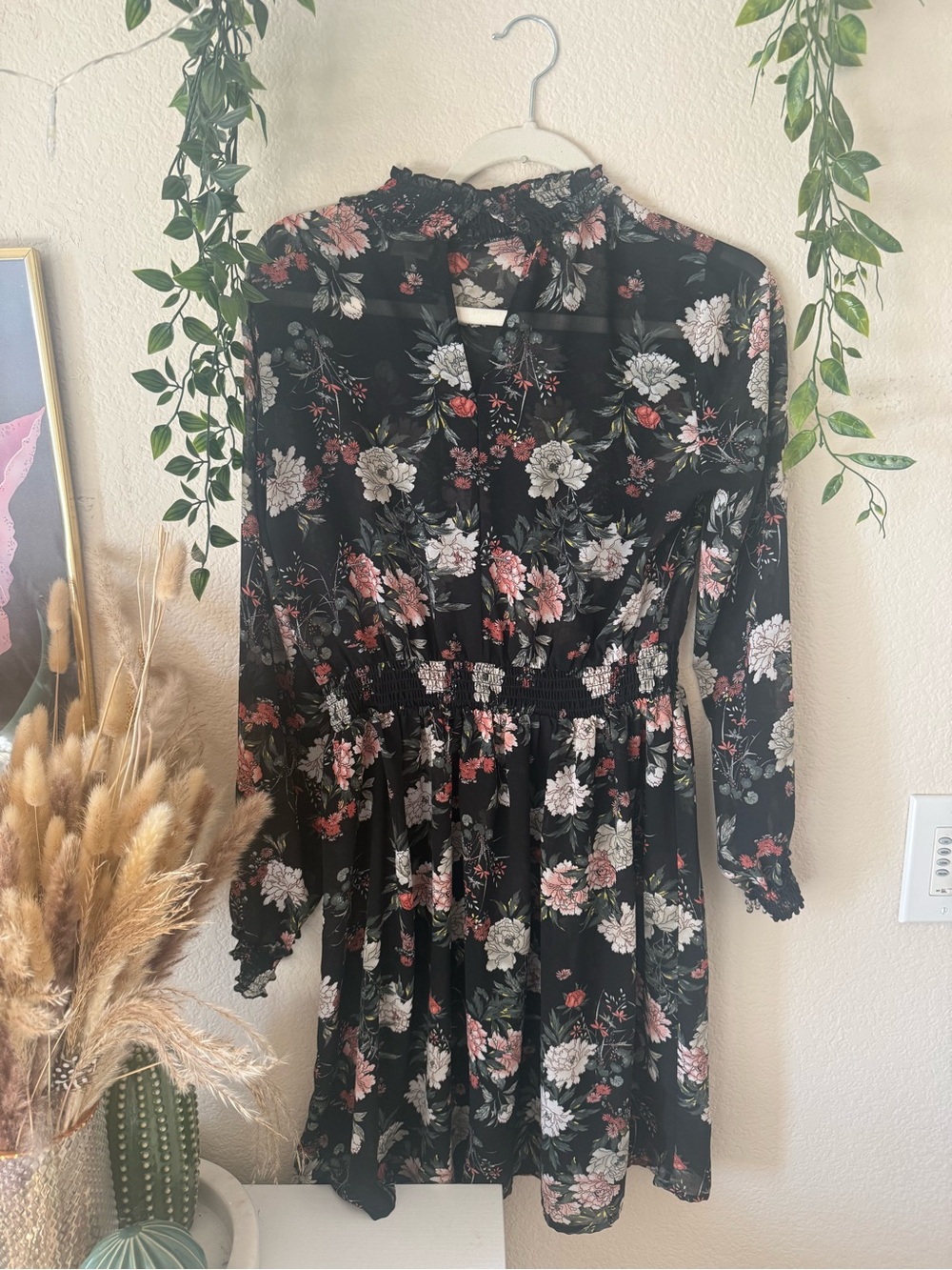 Pleione Nordstrom brand Black Floral Mini Dress with Pink & Cream Blooms